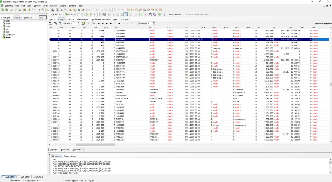 Окно IBExpert: SQL Editor с результатом запроса к базе Firebird
